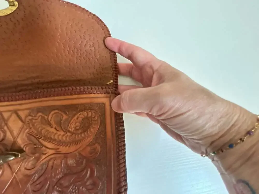 Vintage Hand-Tooled Floral Leather Clutch Purse with Turn-Lock Closure